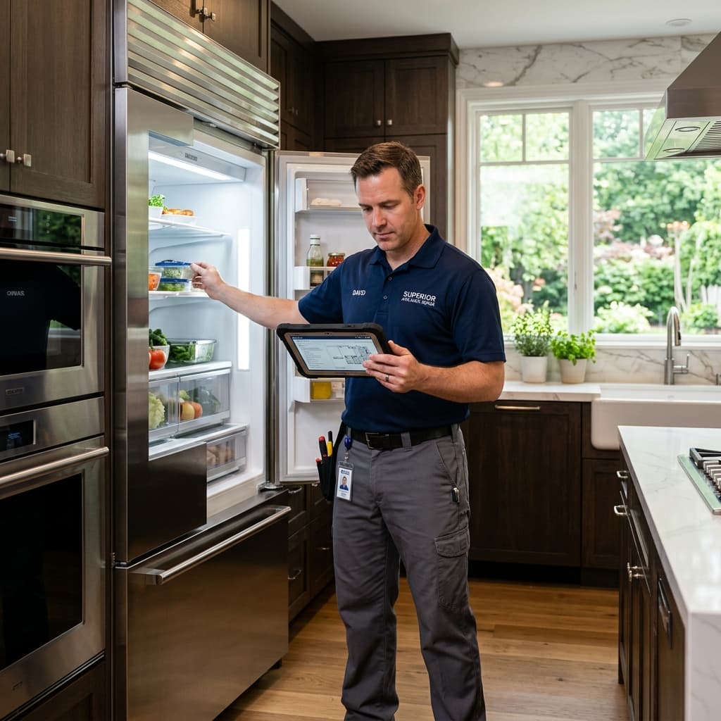 Professional technician assessing an appliance to determine repair or replacement